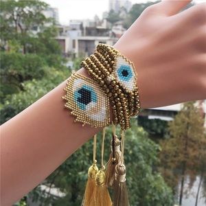 Evil Eye Beaded Bracelet Set Hamsa Tassel Jewelry